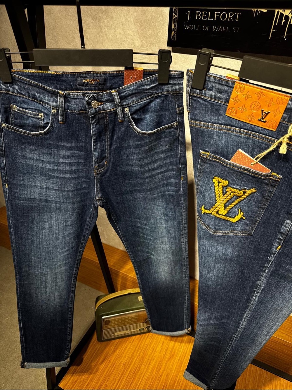 Louis Vuitton Men's Dark Indigo Slim Straight Jeans with Yellow Embroidered Logo